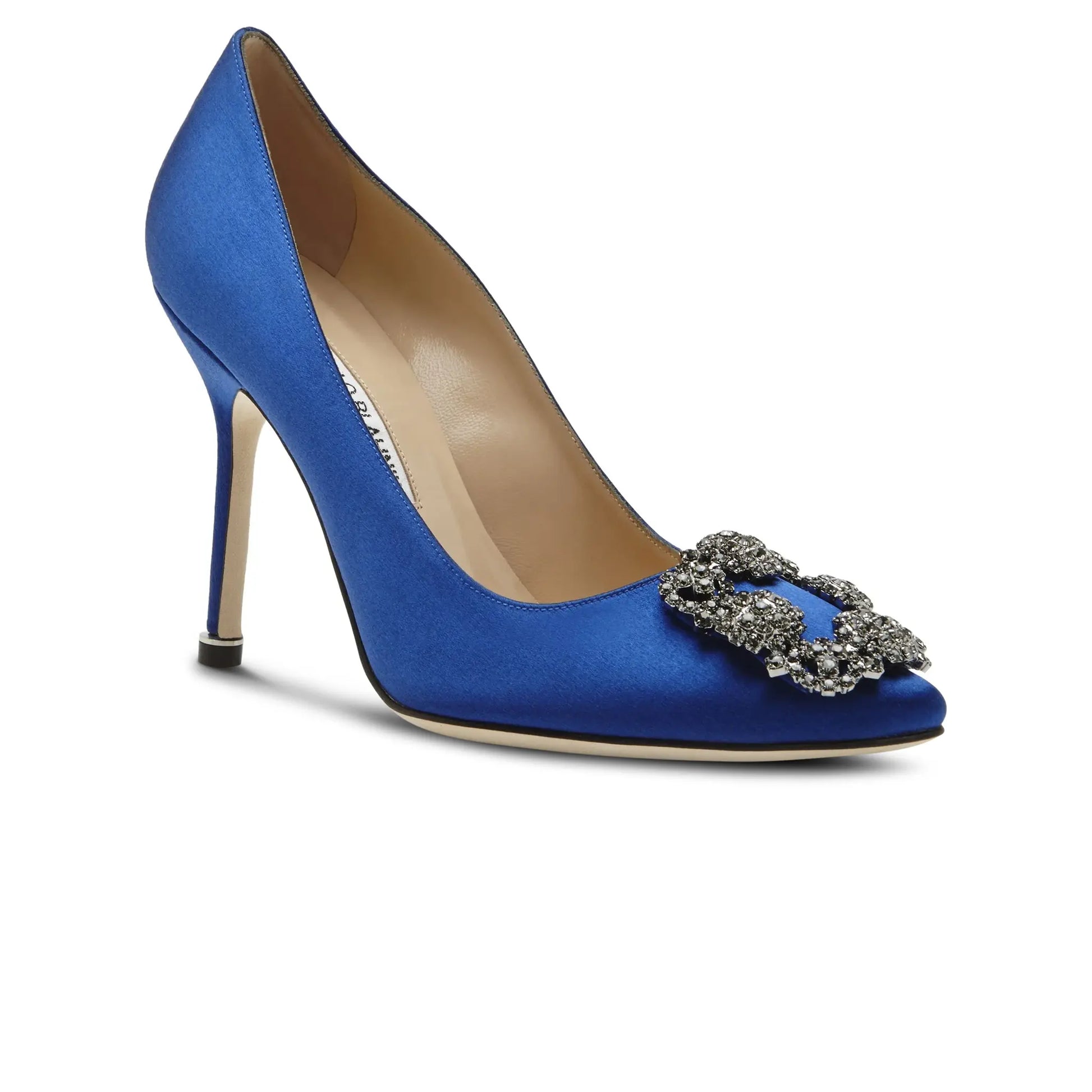 Manolo Blahnik Hangisi Blue Satin Jewel Buckle Heels